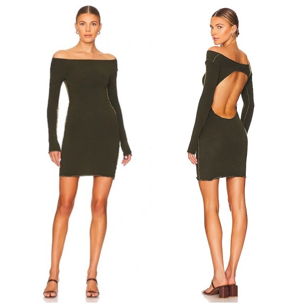 Indah Olive Green Off-Shoulder Long Sleeve Cutout Dress